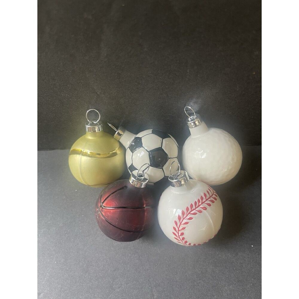 Glass Hand Blown Sports Balls Ornaments Baseball Soccer Basketball Golf Set Of 5